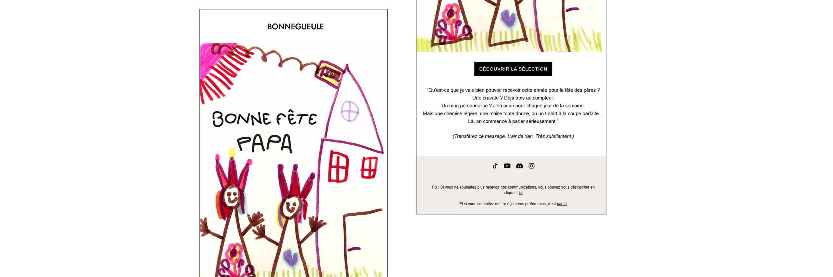 Dessin d'enfants avec deux figures souriantes, une maison et le texte "Bonne fête Papa". Texte promotionnel de Bonnegueule à droite.