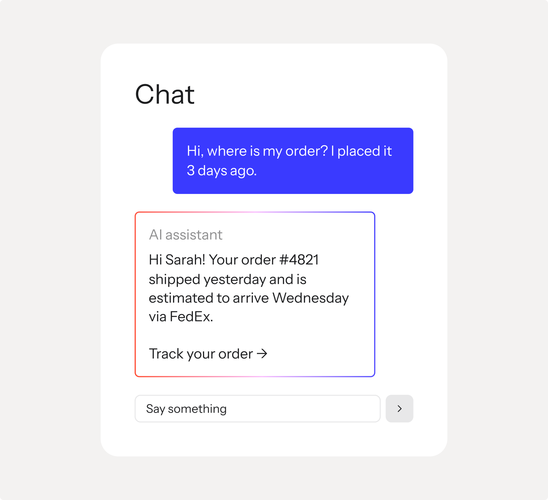 Chat interface showing an AI assistant providing order status and tracking information.