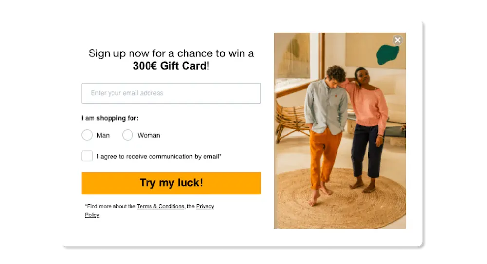 Image shows a sign-up form from Brava Fabrics which reads, “sign up now for a chance to win a €300 gift card! After a field for the visitor’s email address, copy reads, “I am shopping for” followed by options to select “man” or “woman.” Before the final CTA that reads “Try my luck,” there is a checkbox that says, “I agree to receive communication by email.”