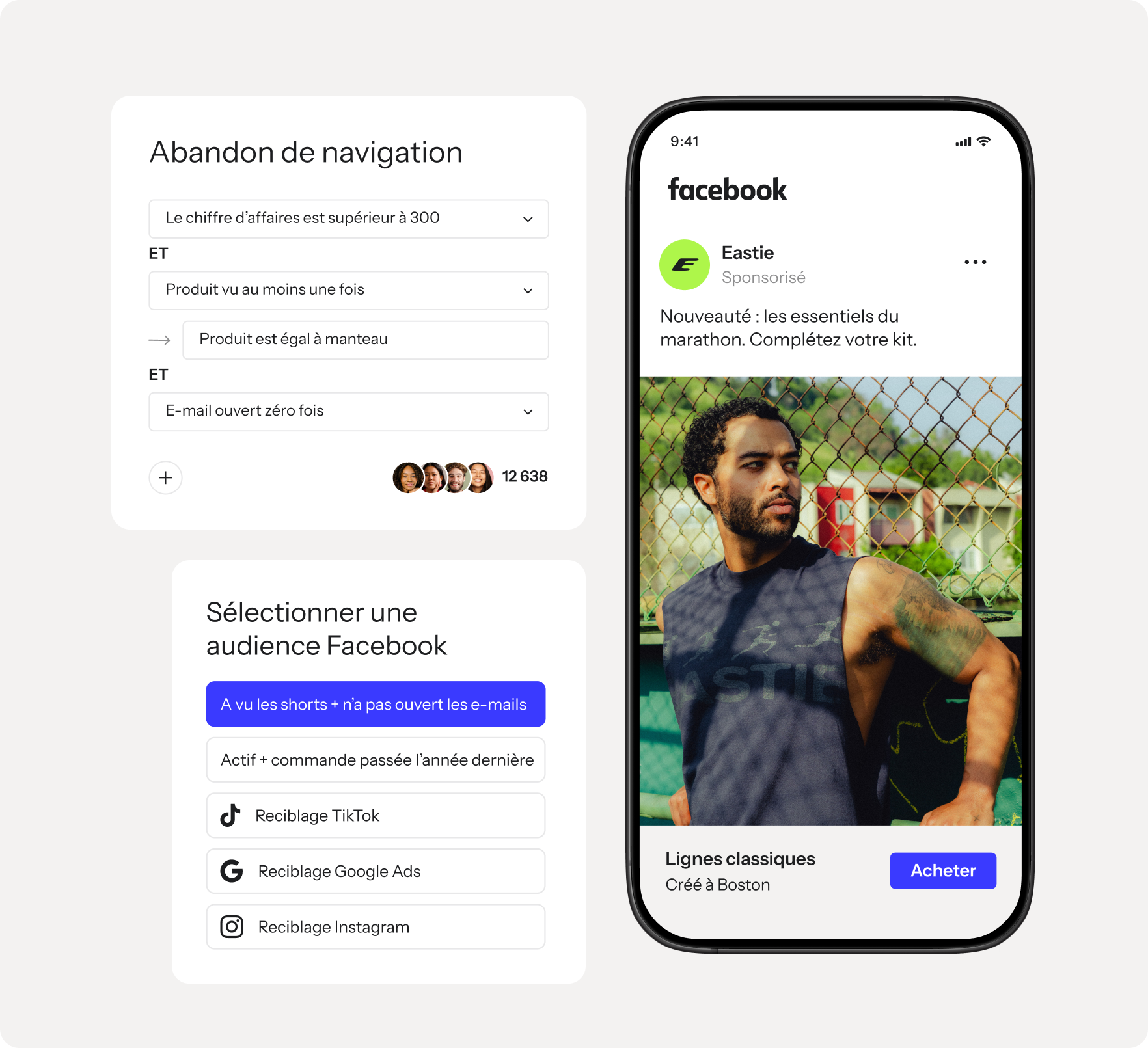 Smartphone showing a Facebook ad for Eastie sportswear, next to panels for audience segmentation and multi-platform ad retargeting.