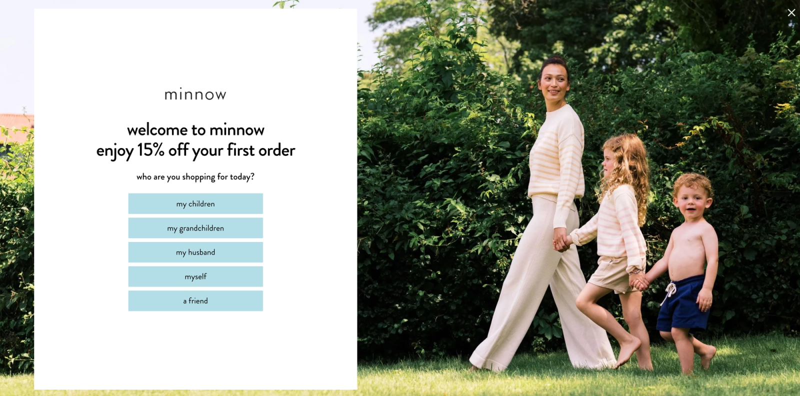 A Minnow website pop-up offering 15% off and asking "who are you shopping for today?" with options like "my children," next to a photo of a woman walking hand-in-hand with a young girl and boy in a grassy outdoor setting.
