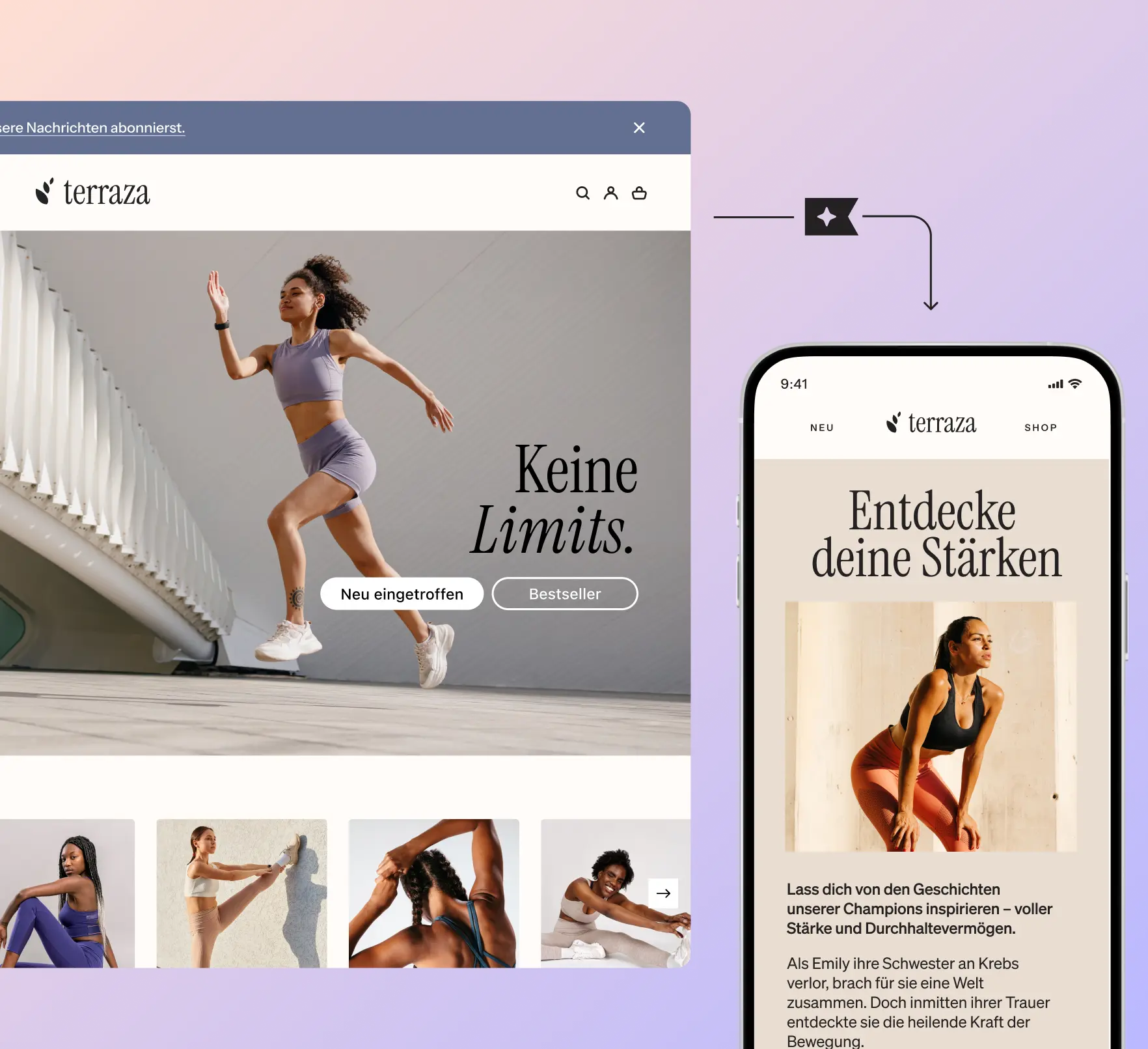 Webseite und Smartphone-Anzeige von "terraza" mit sportlichen Frauen. Text: "Keine Limits." und "Entdecke deine Stärken".