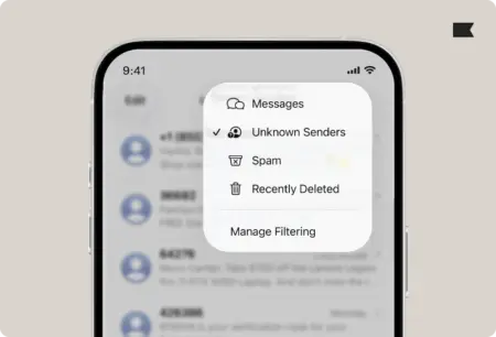 iPhone screen showing message filtering options: Messages, Unknown Senders, Spam, Recently Deleted, and Manage Filtering.