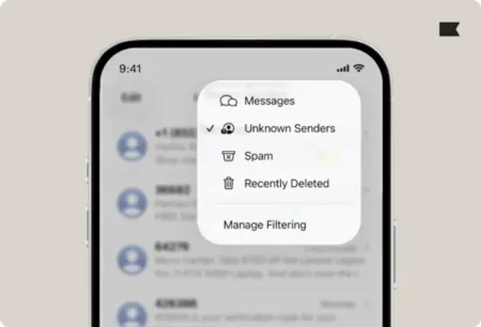iPhone screen showing message filtering options: Messages, Unknown Senders, Spam, Recently Deleted, and Manage Filtering.