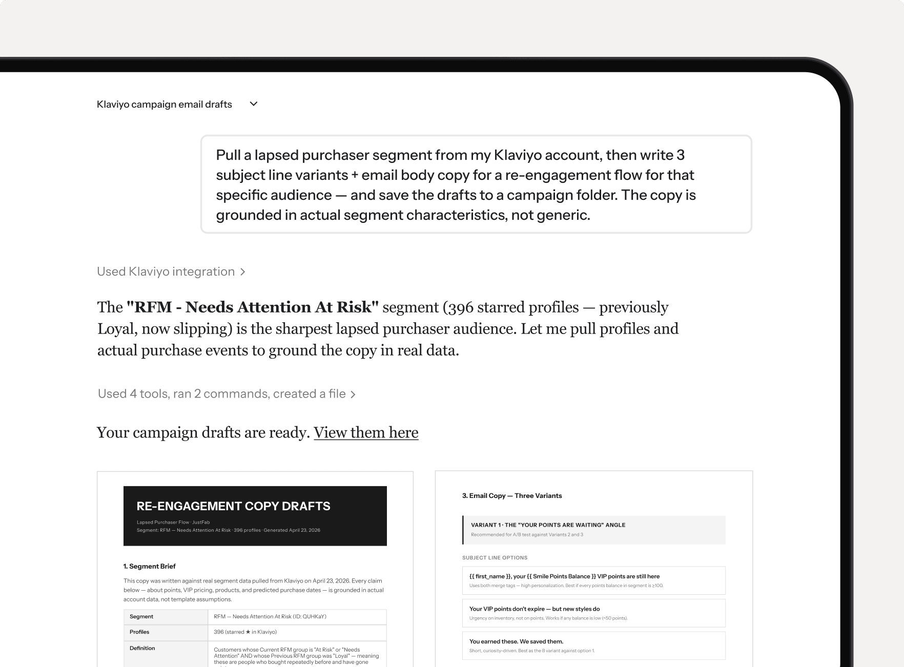 Digital screen displaying Klaviyo campaign email drafts, featuring AI-generated re-engagement email copy with subject line variants for "RFM - Needs Attention At Risk" customers.