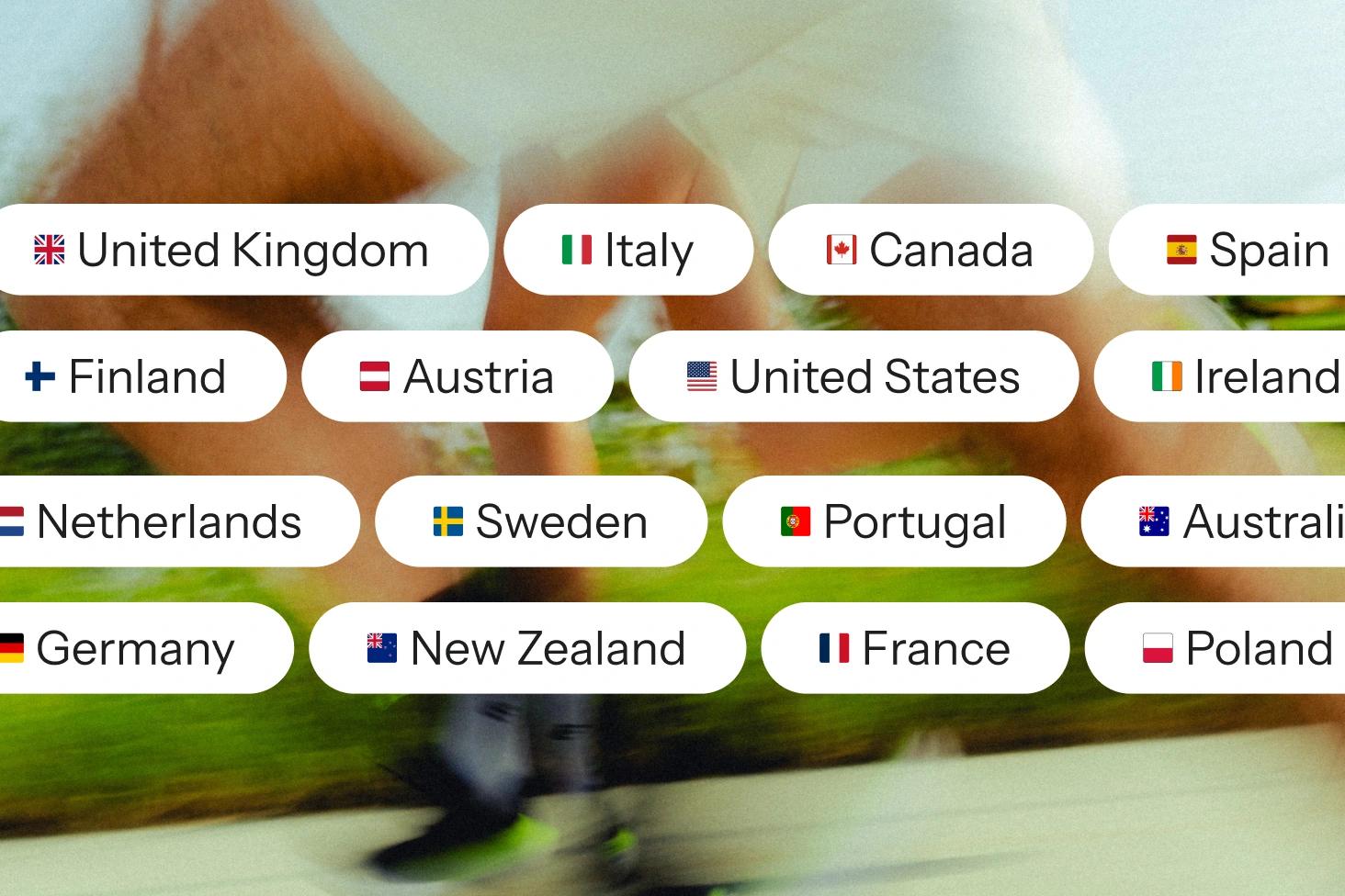 Country selection buttons with flags overlay a blurred scene of a person walking outdoors.