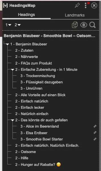 Hierarchische Struktur einer Webseite über "Benjamin Blaubeer - Smoothie Bowl" von Oatsome, mit Überschriften und Unterpunkten.