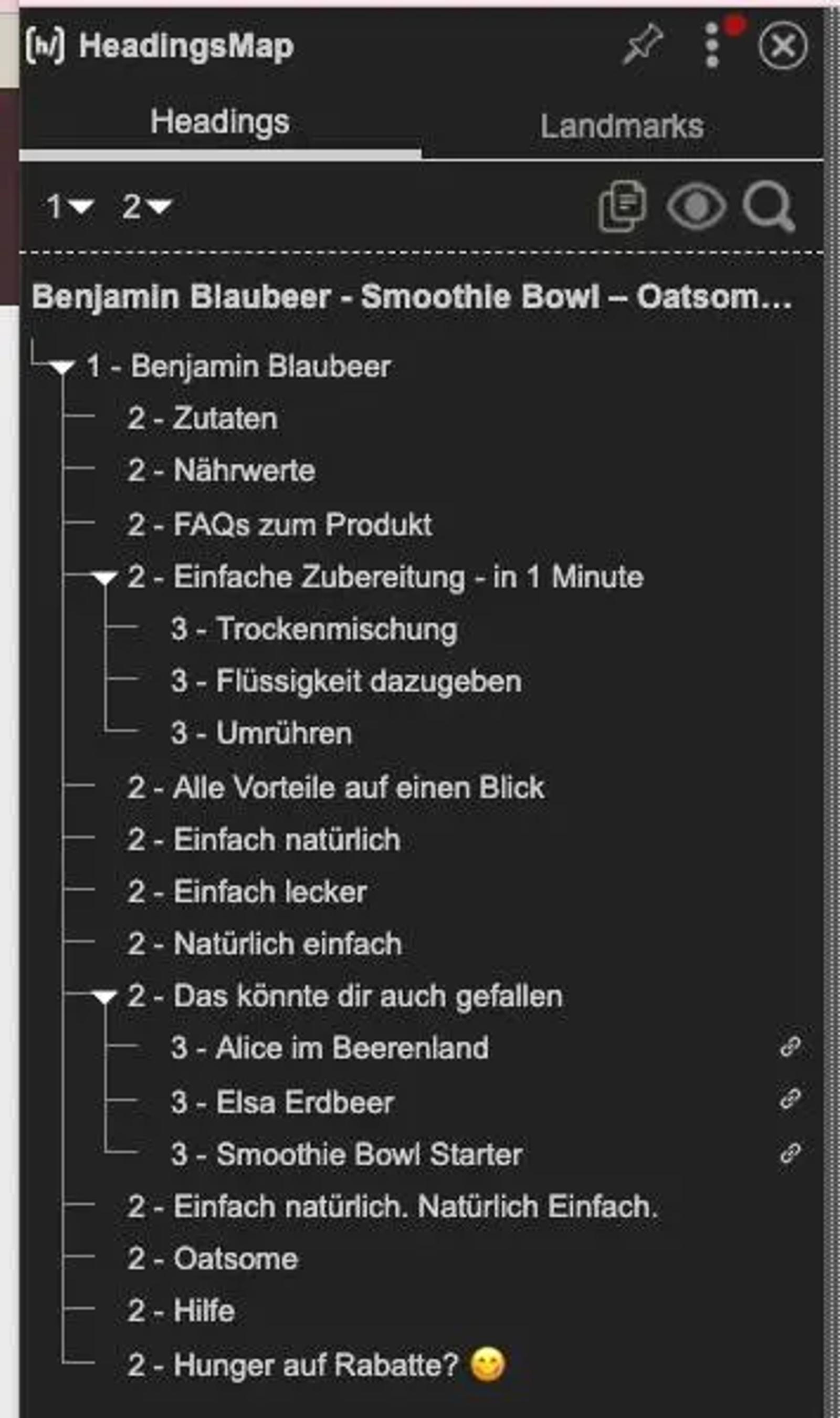 Hierarchische Struktur einer Webseite über "Benjamin Blaubeer - Smoothie Bowl" von Oatsome, mit Überschriften und Unterpunkten.