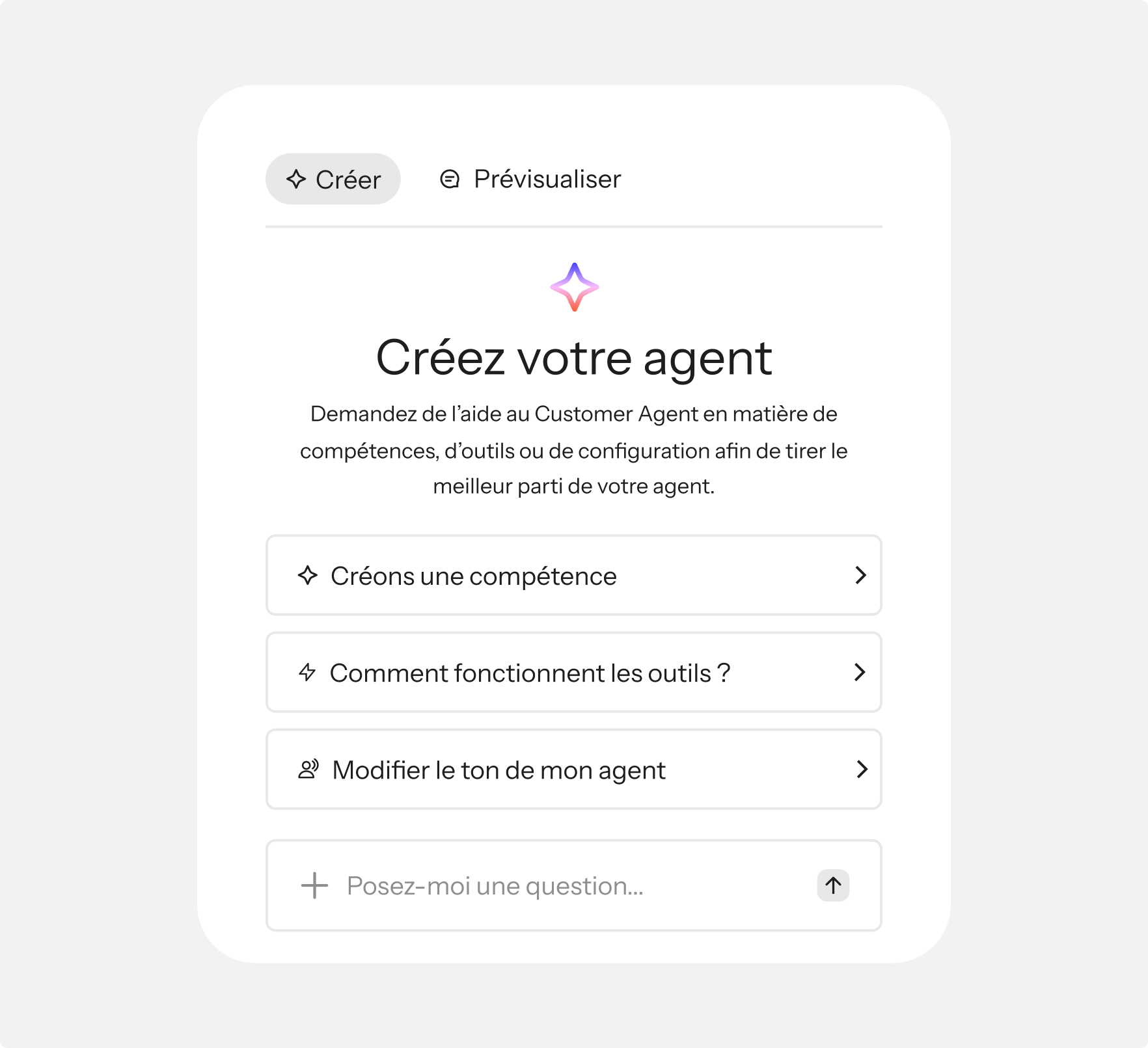 A French user interface for creating and customizing an AI agent, showing options for skills, tools, and tone.