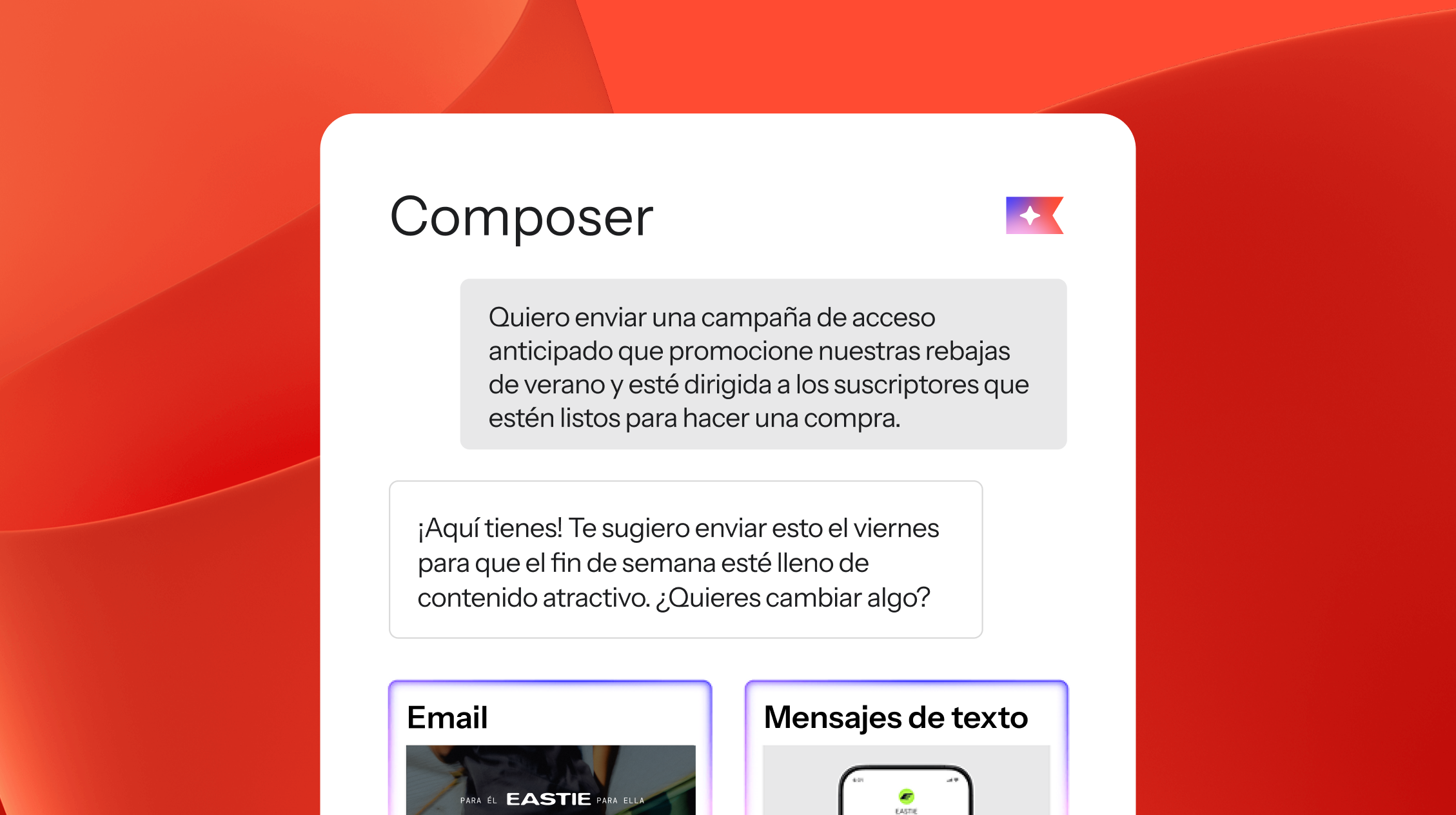 A "Composer" window with AI-generated text for a marketing campaign, offering options for email and text messages.