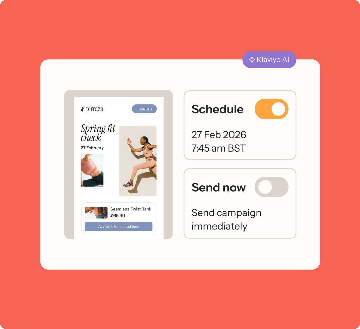 A digital interface from Klaviyo AI showing an email campaign preview and scheduling options set for February 27, 2026, or to send immediately.