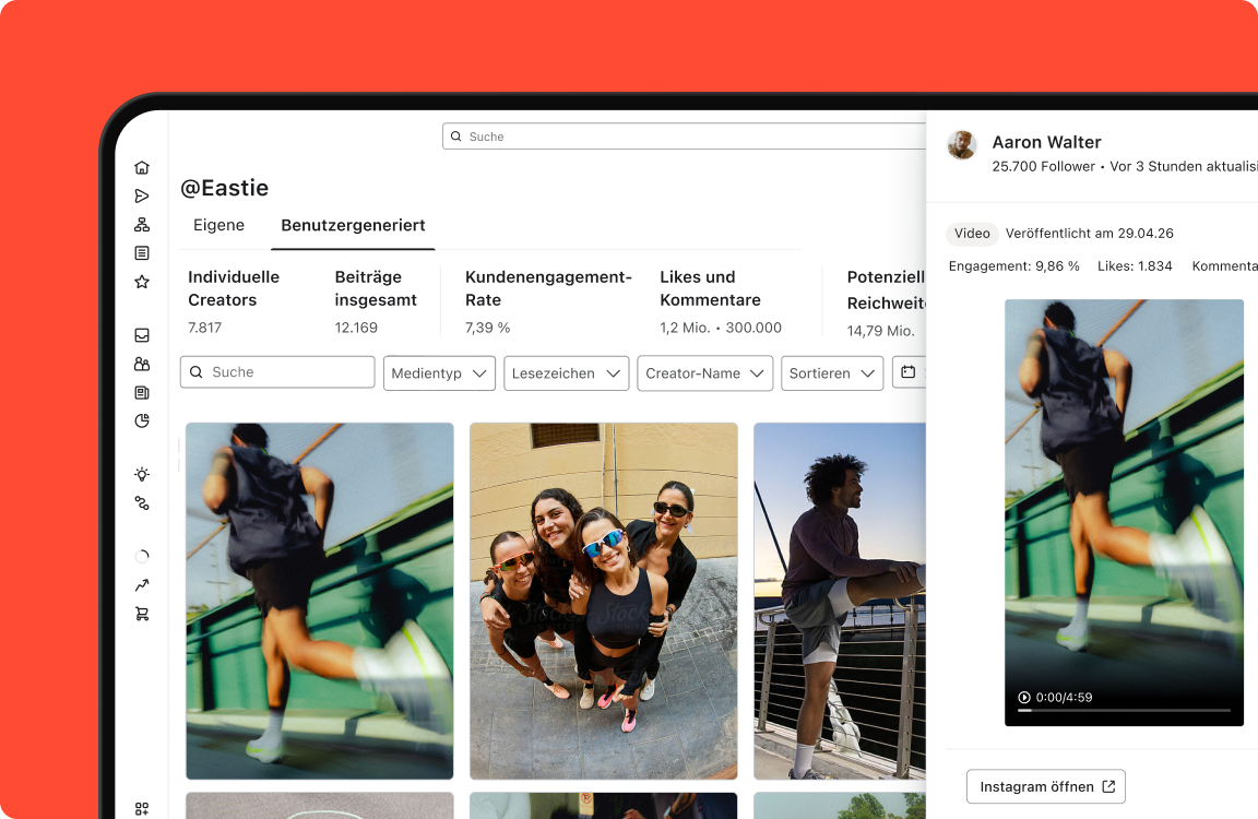 A social media dashboard for user-generated content, displaying engagement metrics, filters, and a grid of various posts, with a detailed video of a runner on the right.