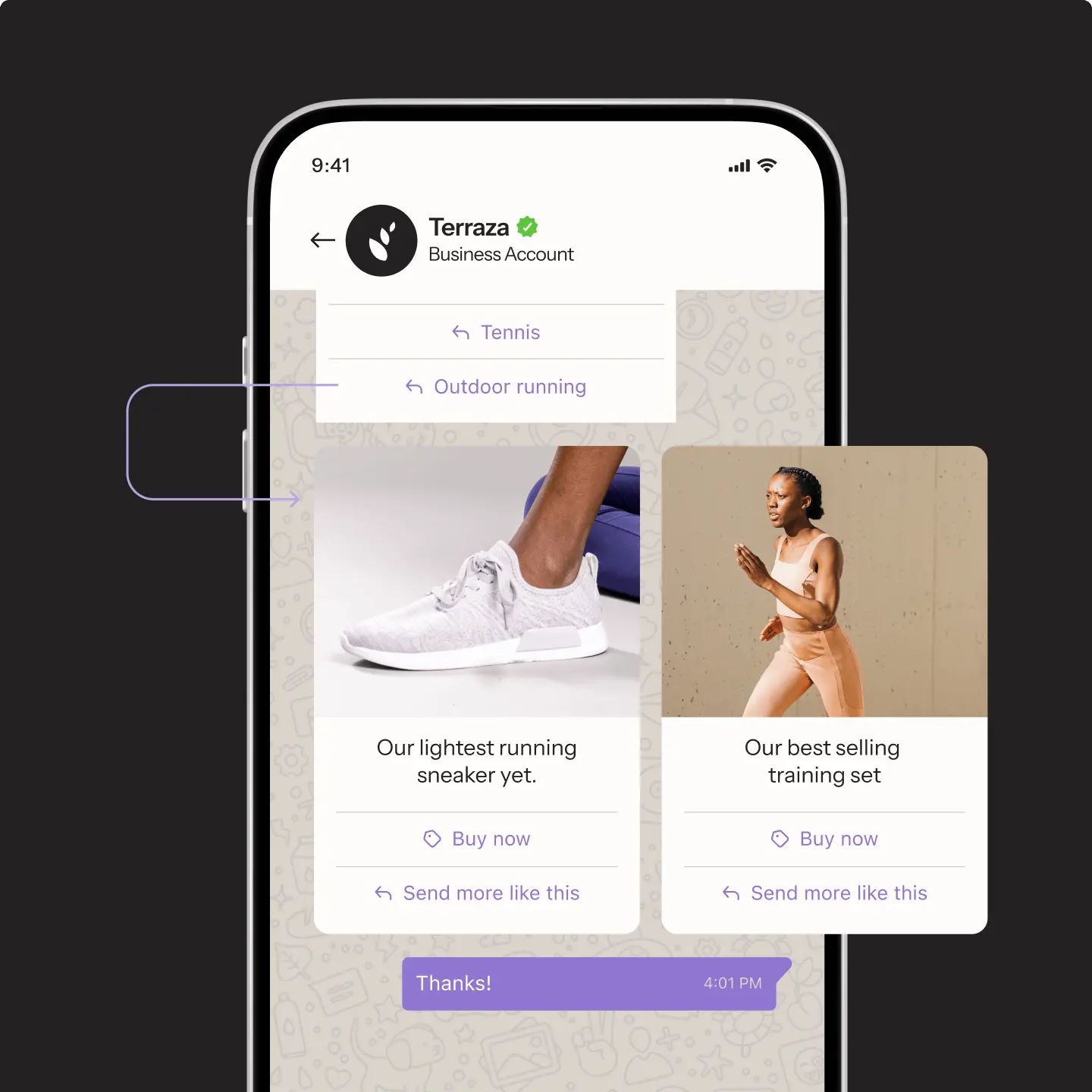 Smartphone displaying a WhatsApp Business account carousel with images of running sneakers and a woman in a training set.
