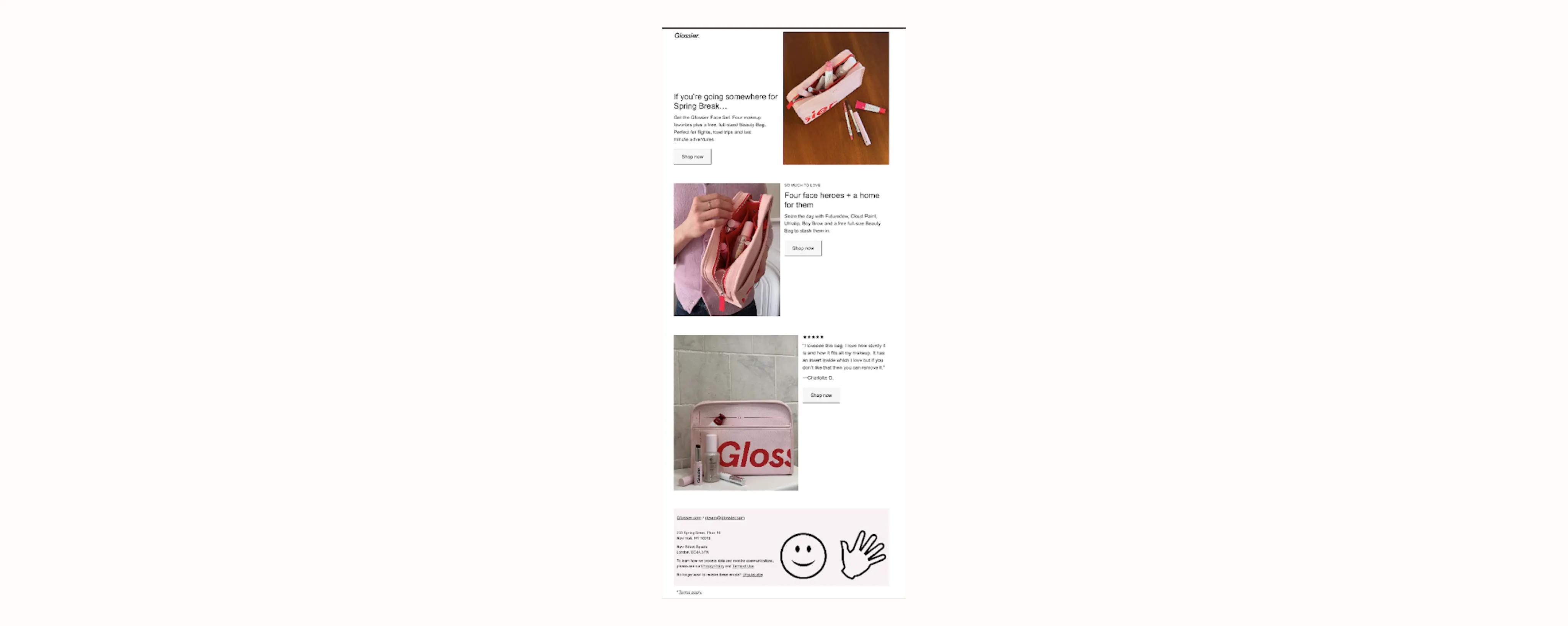 Image shows a promotional email from beauty brand Glossier that promotes a makeup set that comes with a free beauty bag. The email also contains a 5-star customer review of the free bag that highlights its features and value. It uses one CTA in 3 places so customers can navigate to the set at any point while they scroll.