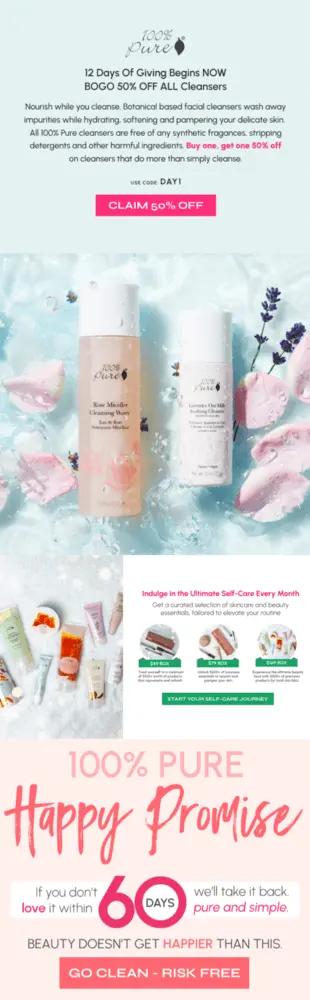 Image shows a baby-blue themed email with an opening paragraph of text at the top and a pink CTA that says, “Claim 50% off.” Underneath is an image of two bottles of cleanser, one pink and one white, followed by product shots of skincare items of various sizes and colors.