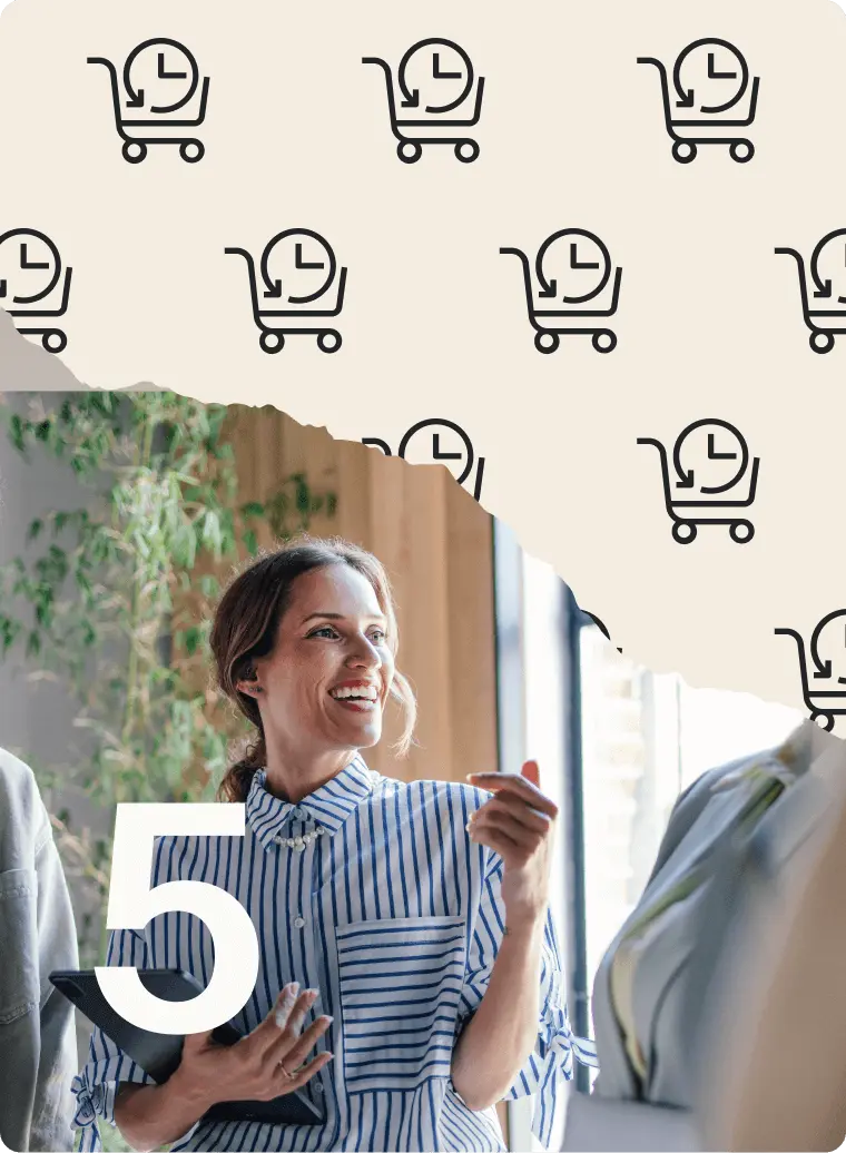 Smiling woman in a striped shirt holding a tablet, with clock and cart icons in the background. Large number 5 in the foreground.