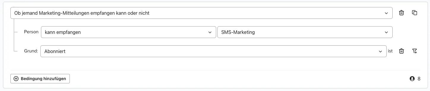 Bedingungseinstellungen für den Empfang von SMS-Marketing-Mitteilungen, basierend auf Abonnements.
