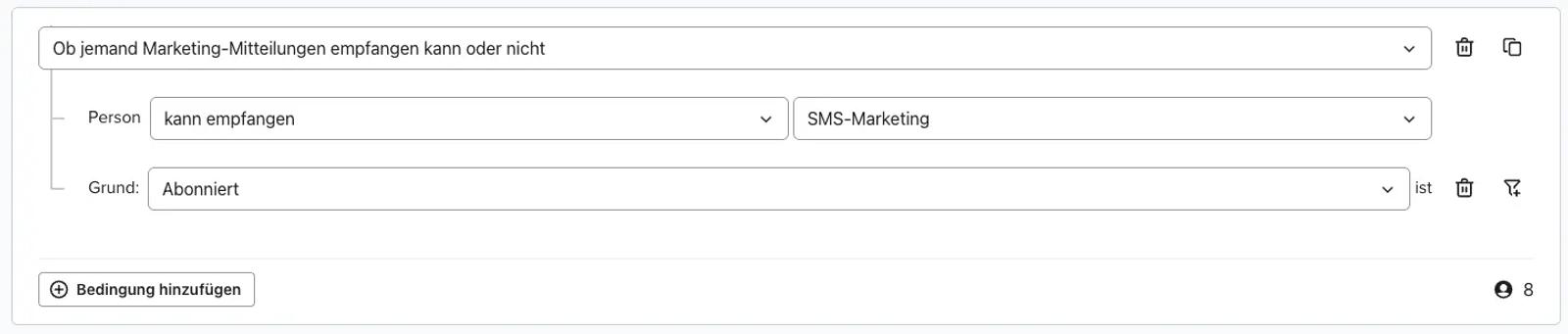 Bedingungseinstellungen für den Empfang von SMS-Marketing-Mitteilungen, basierend auf Abonnements.