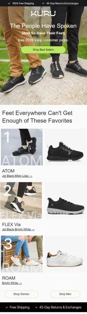 Image shows two people standing on a rock wearing different KURU shoes. Overlaid on top of the image is text that reads, “The people have spoken, and so have their feet. See 2024’s top customer picks.” Underneath are product shots of various shoes in black and white.