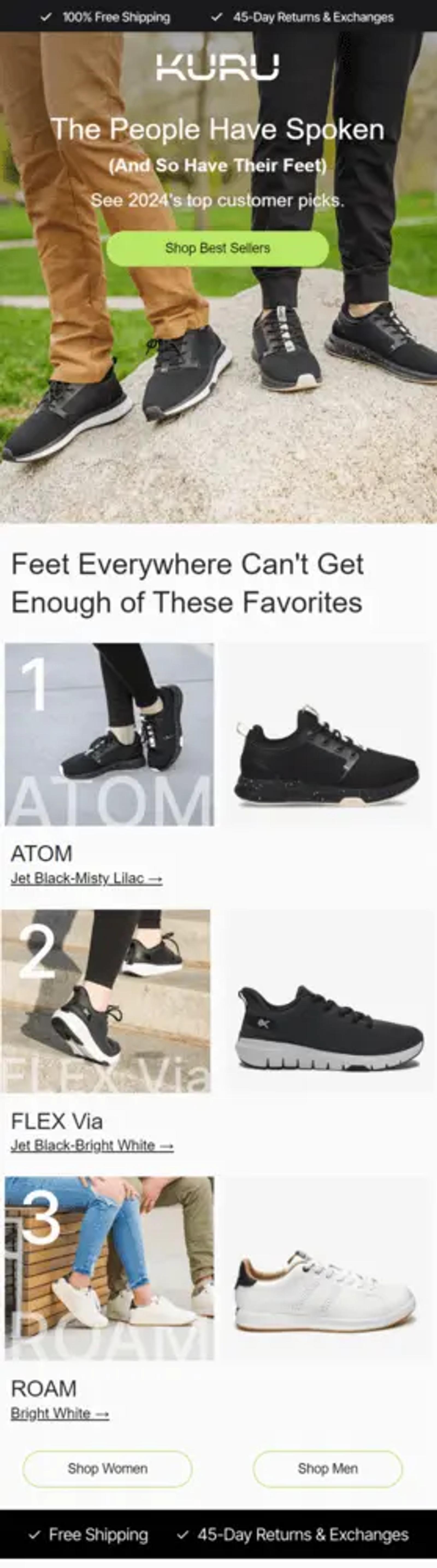 Image shows two people standing on a rock wearing different KURU shoes. Overlaid on top of the image is text that reads, “The people have spoken, and so have their feet. See 2024’s top customer picks.” Underneath are product shots of various shoes in black and white.