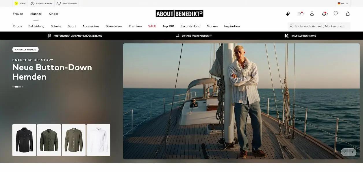 Online-Shop-Seite von About Benedikt mit Werbung für neue Button-Down-Hemden. Mann steht auf einem Boot, trägt ein Hemd.