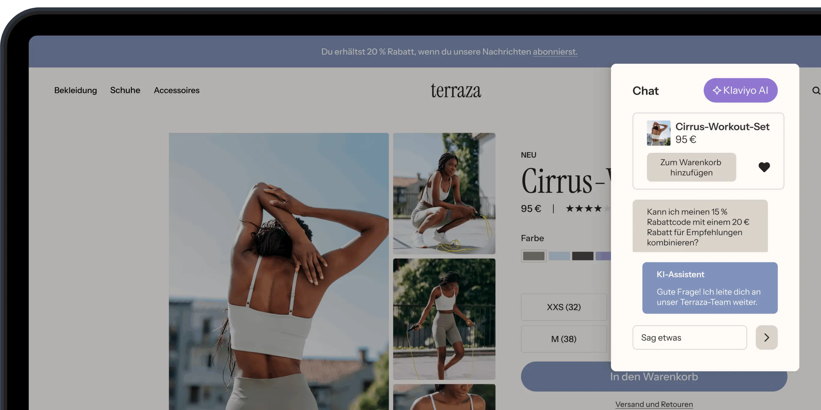 Online-Shop-Seite für ein Cirrus-Workout-Set mit Chat-Fenster. Preis: 95 €. Rabattinformationen und Größenoptionen sichtbar.
