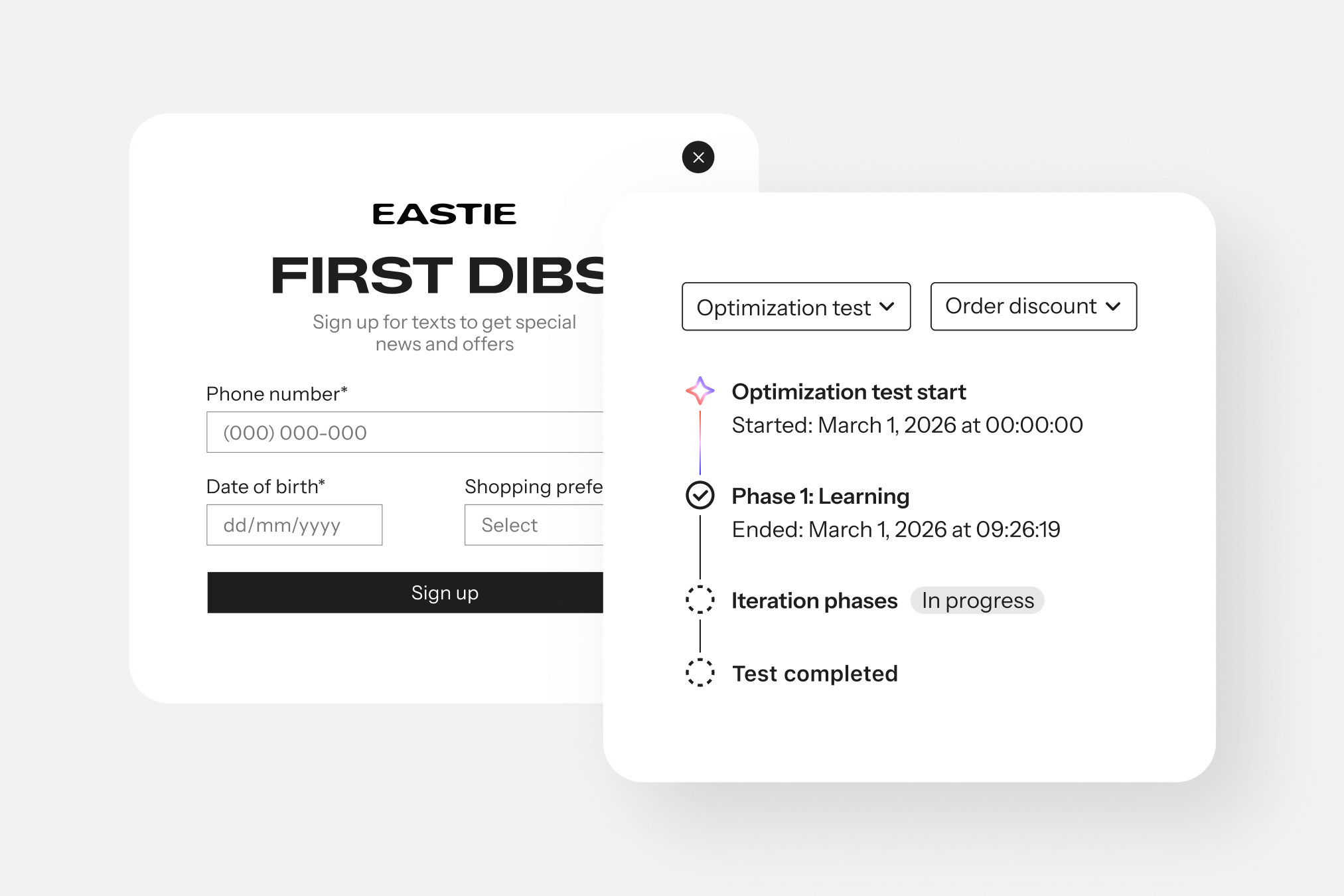First Dibs signup form beside a dashboard tracking an optimization test through learning and iteration phases.