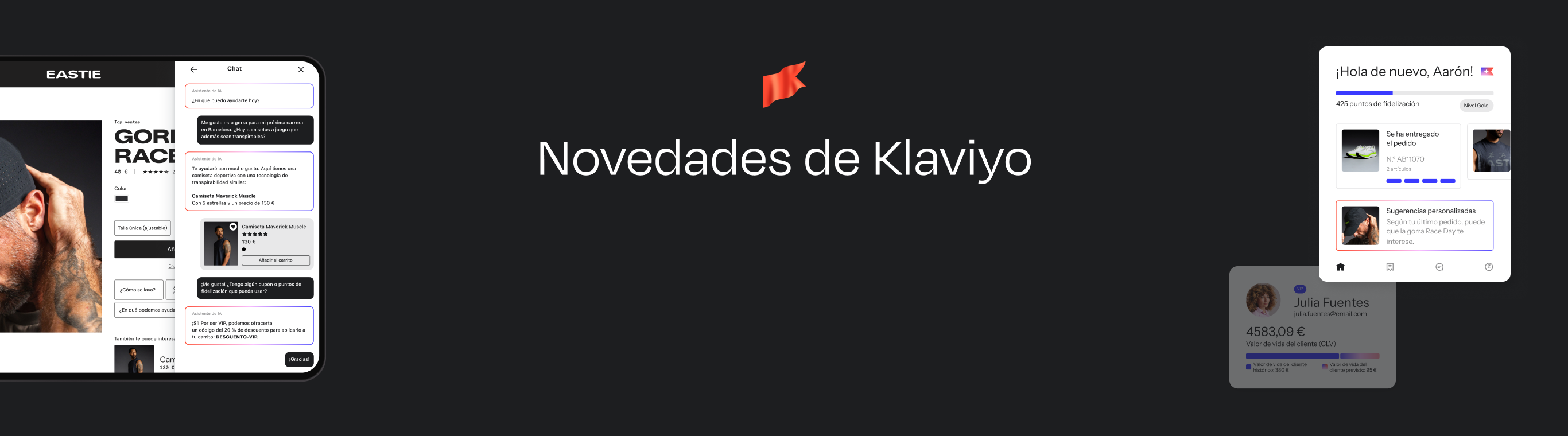 Mobile app screens displaying e-commerce and chat interfaces, framing the text "Novedades de Klaviyo" with a red flag icon.
