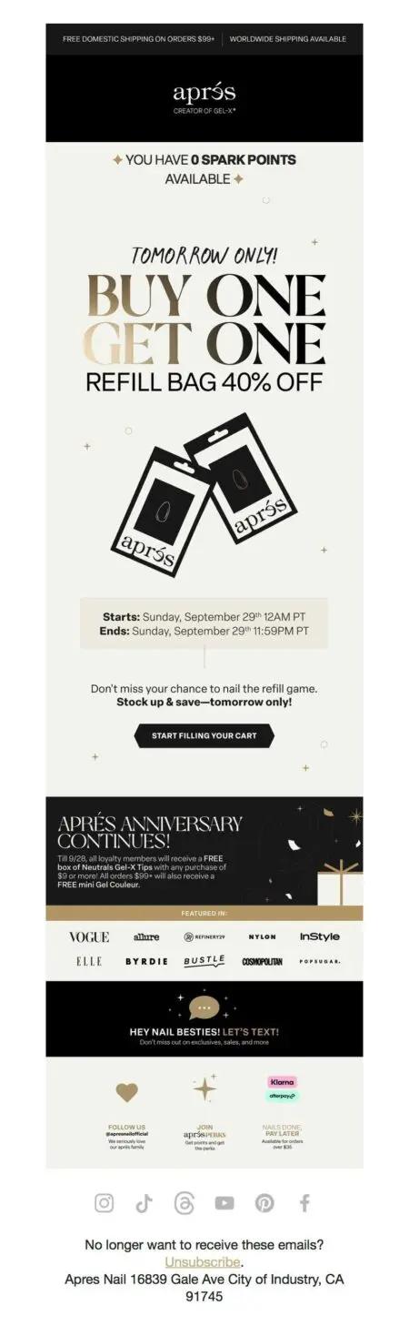 Image shows a minimalist email with black and gold text against a cream background, with the words “Buy One Get One Refill Bag 40% off” featured prominently above a small product shot of gel nail refills.