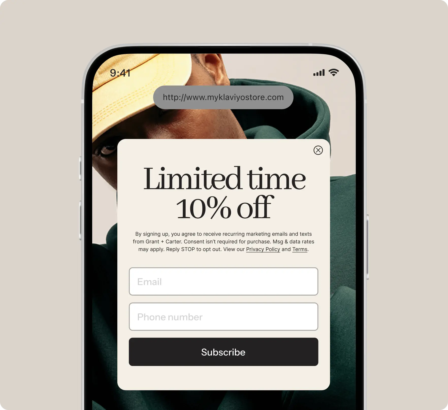 Graphic represents an SMS sign-up form with all the compliance language business needs.