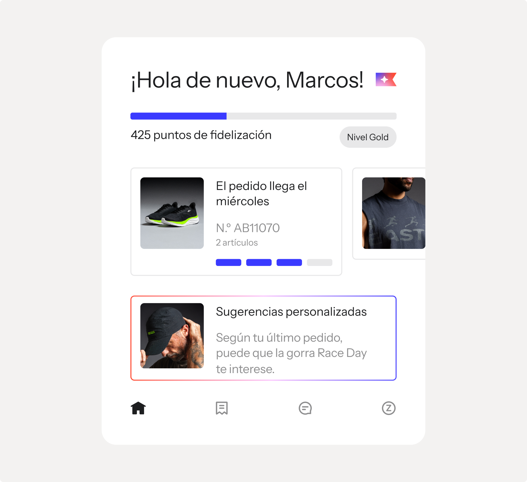 A mobile app interface displaying a personalized dashboard with loyalty points, an order tracking card, and product suggestions.