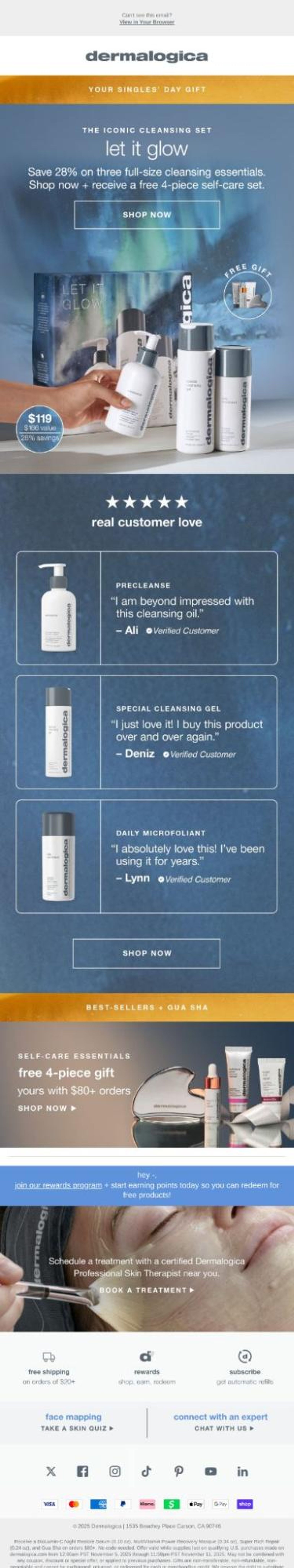 Dermalogica email promoting a 'Let It Glow' cleansing set with 28% savings, free 4-piece self-care gifts with purchase, and customer testimonials for skincare products.