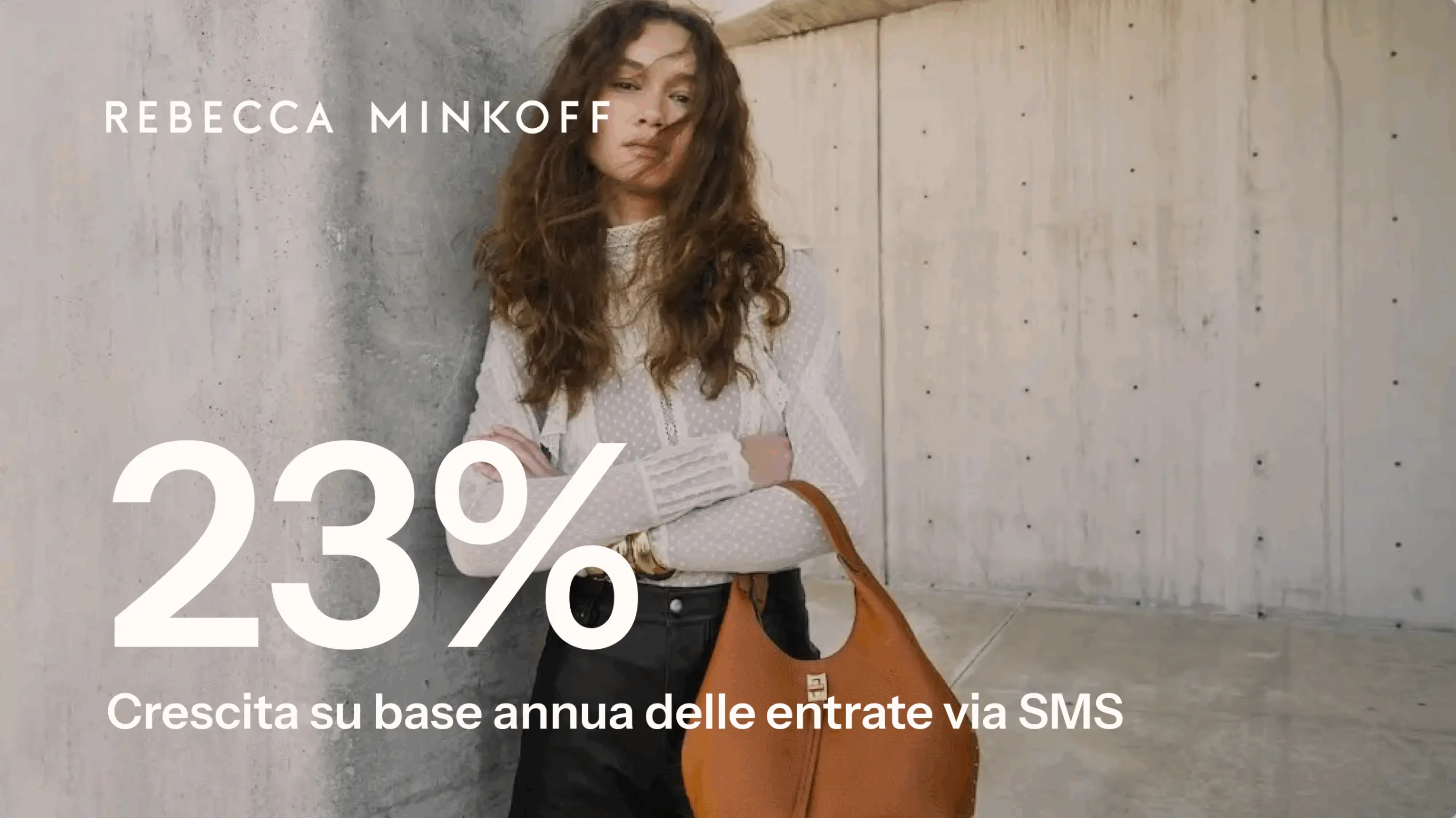 Donna con una borsa marrone, testo "Rebecca Minkoff" e "23% Crescita su base annua delle entrate via SMS".