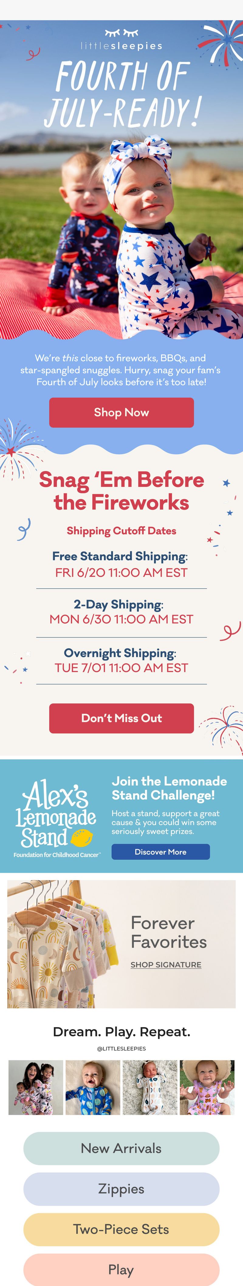 Little Sleepies Fourth of July ad featuring babies in patriotic sleepwear, shipping cutoffs, and various sleepwear collections.