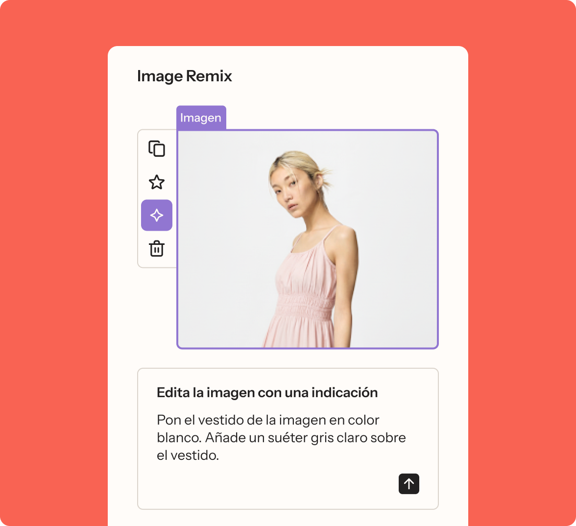 Interfaz de edición de imágenes con una mujer con un vestido rosa; la indicación cambia el color del vestido a blanco