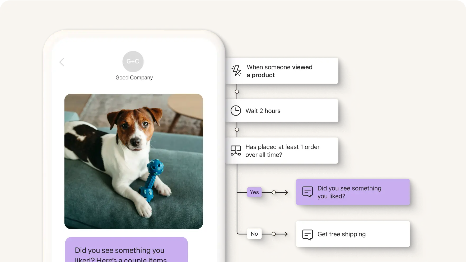 Pet brand browse abandon email asking customers if they saw a product they liked, next to browse abandonment flow in the flow builder.