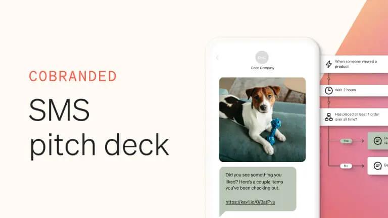 Text reads "Cobranded SMS pitch deck." To the right is a graphic representing an SMS flow.