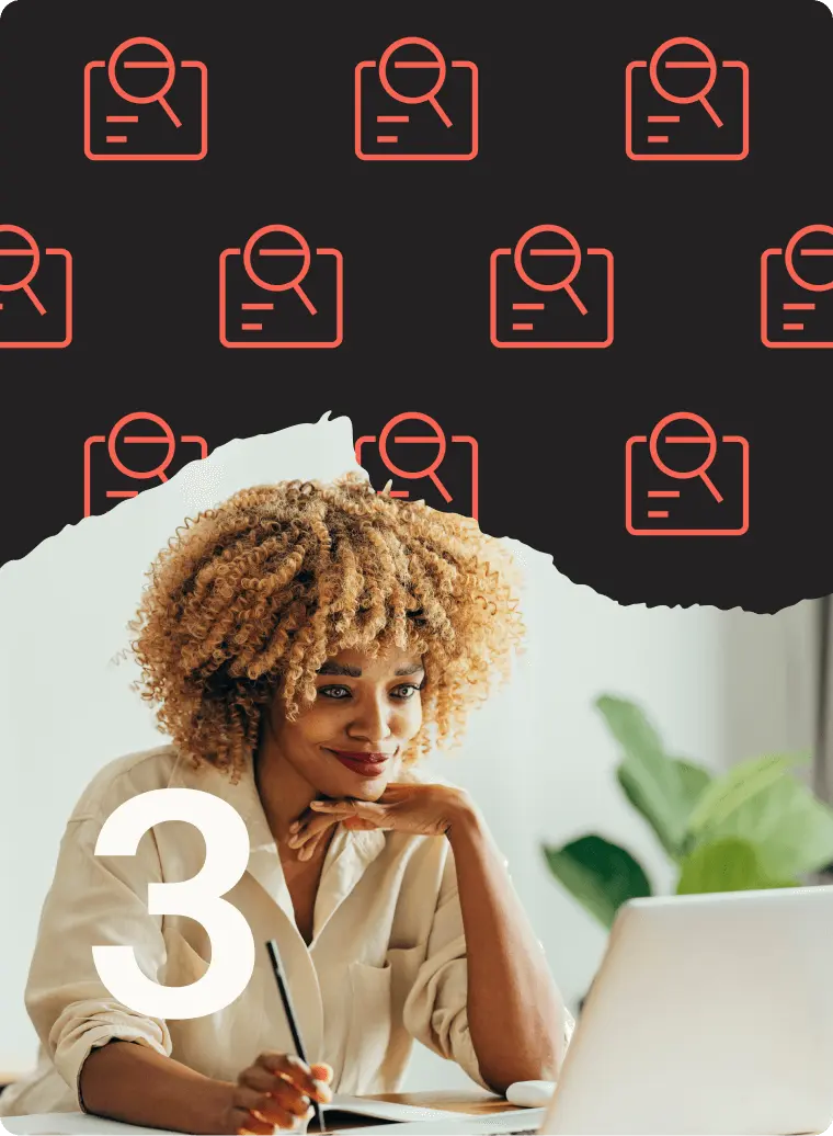 Woman with curly hair working on a laptop, number 3 overlay, magnifying glass icons in the background.