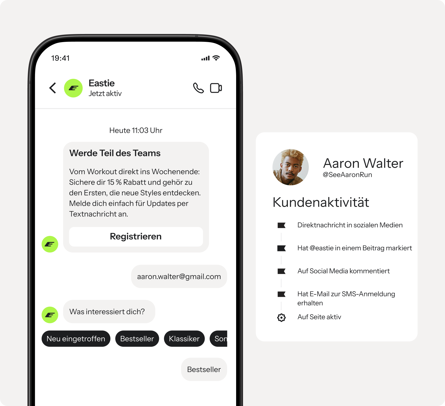 A smartphone displaying a chat with a discount offer and product categories, next to a customer activity card for "Aaron Walter."