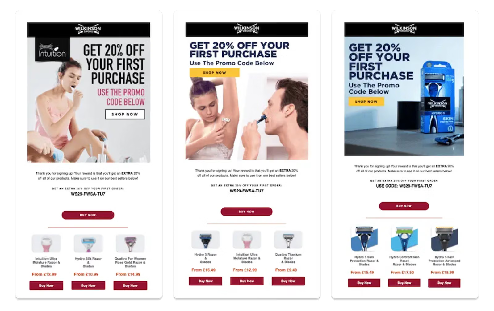3 distinct welcome flows for Wilkinson Sword razors, promoting a 20% discount on first purchases with images of people shaving and razor products.