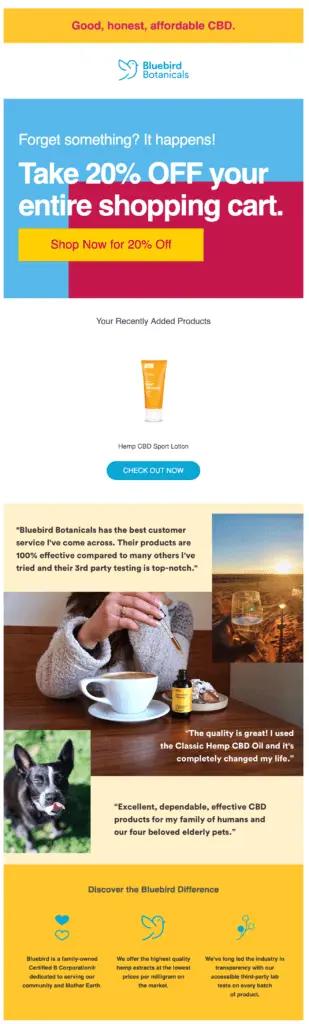 Image shows an abandoned cart message from Bluebird Botanicals.