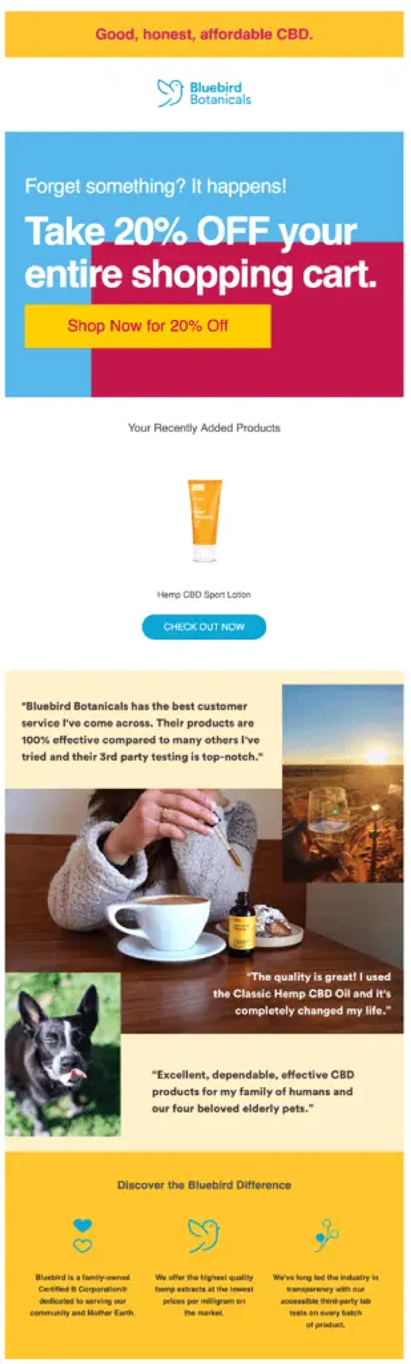 Image shows an abandoned cart message from Bluebird Botanicals.