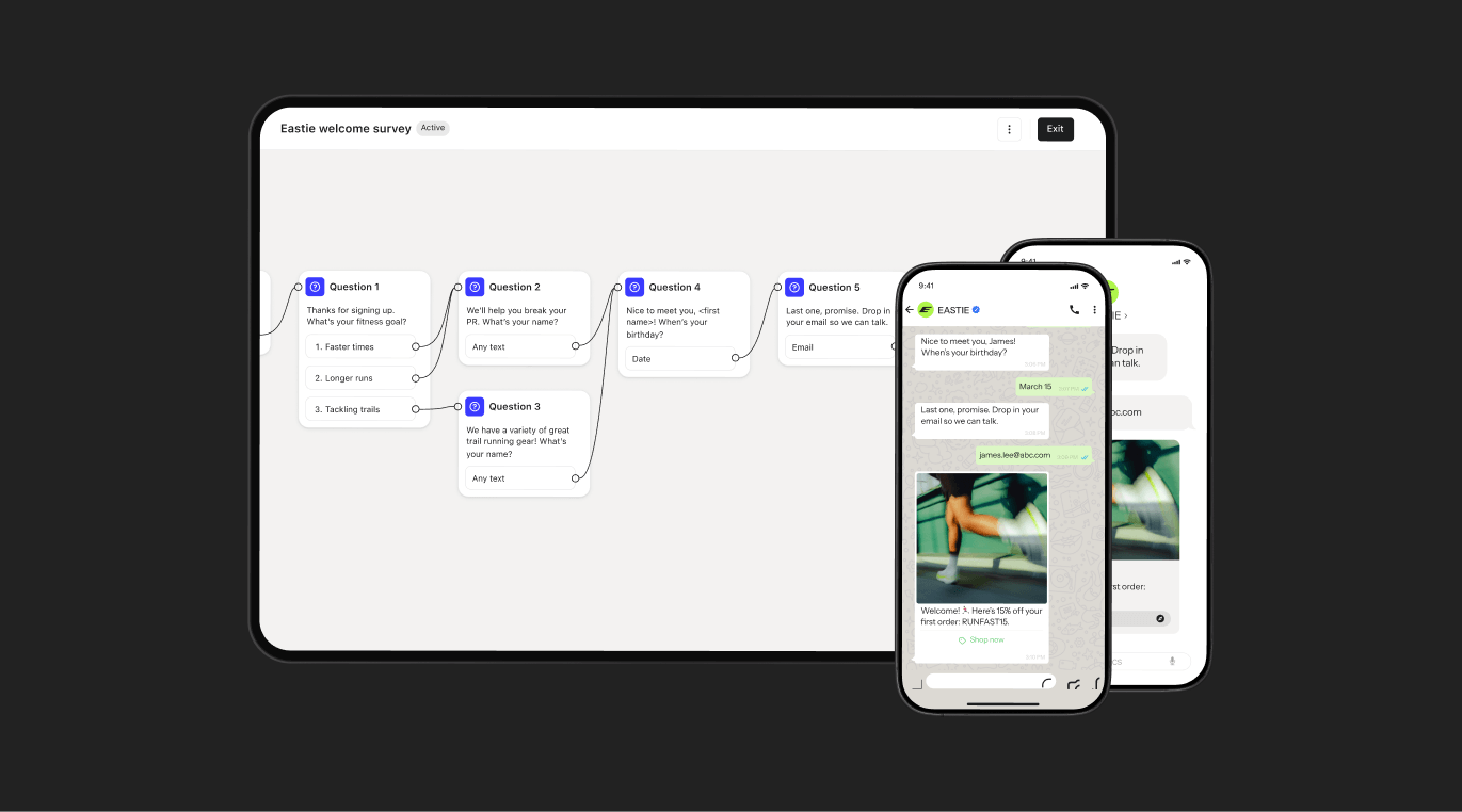 A tablet displays a visual chatbot flow builder with interconnected questions, while two smartphones show a corresponding chat conversation with a bot.