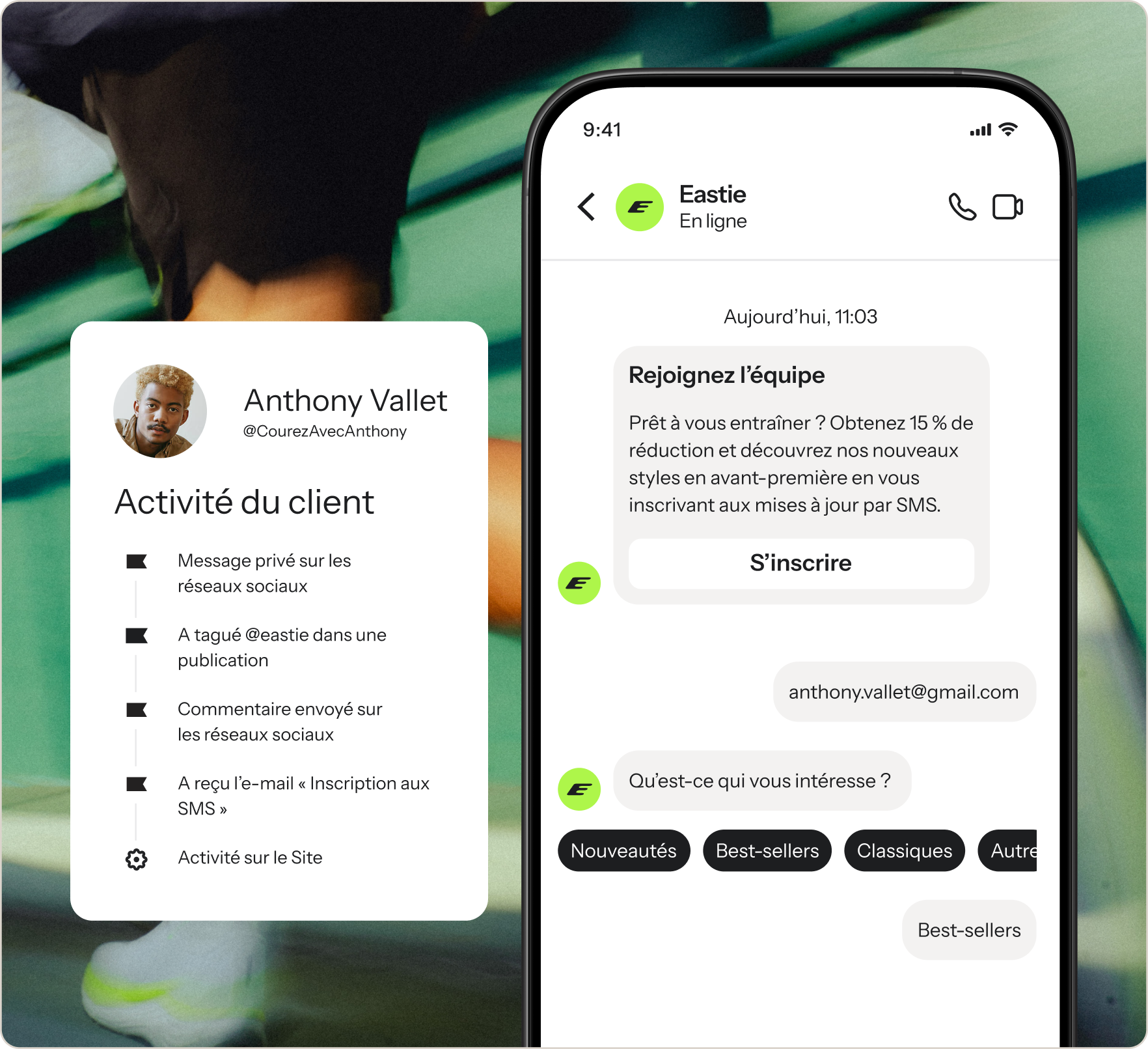 A smartphone displaying a brand chat interface and a separate pop-up card with a customer's activity log.