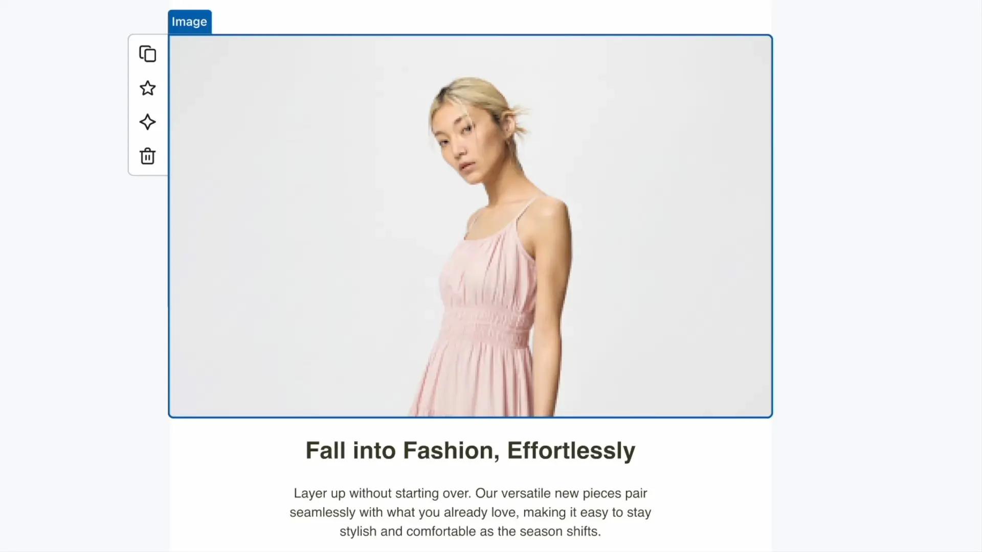 Femme en robe rose pâle, texte en dessous : "Fall into Fashion, Effortlessly".