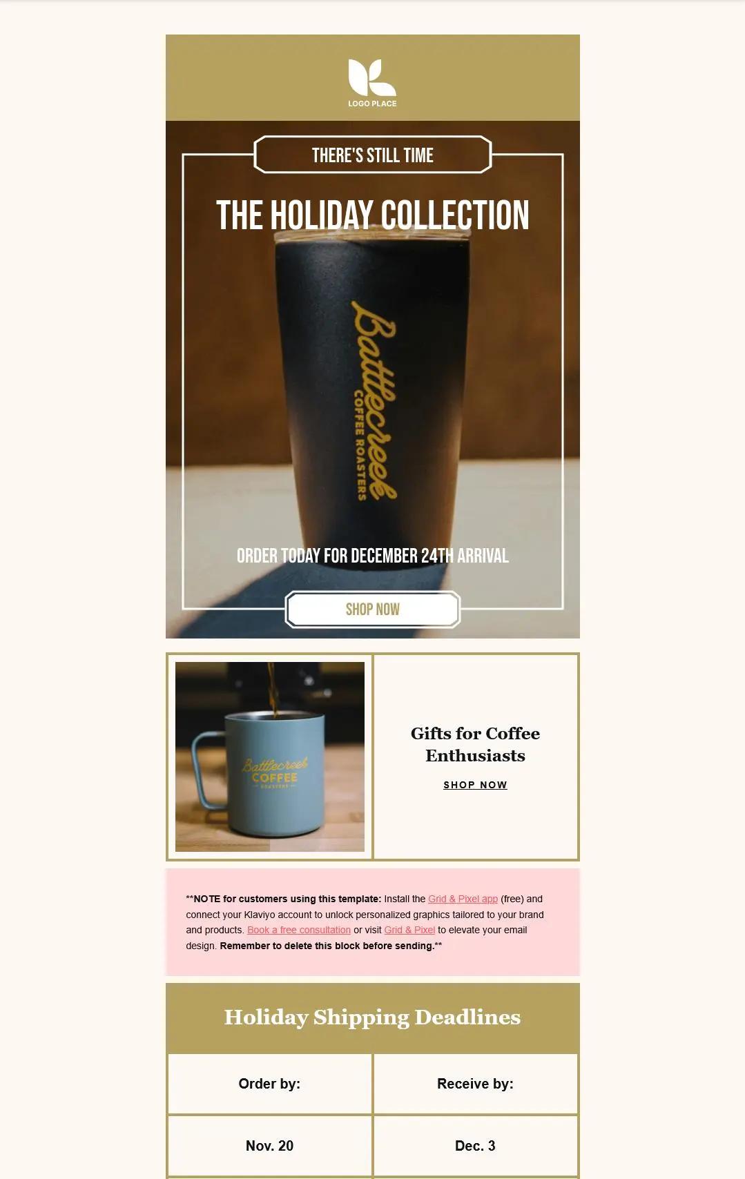 Werbung für die "Holiday Collection" von Battlecreek Coffee Roasters mit Versandterminen und Geschenkideen für Kaffeeliebhaber.