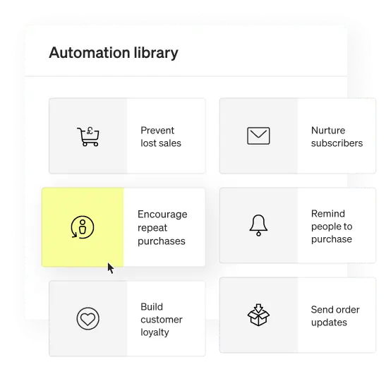A view of Klaviyo’s automation library, with a cursor selecting “Encourage repeat purchases”