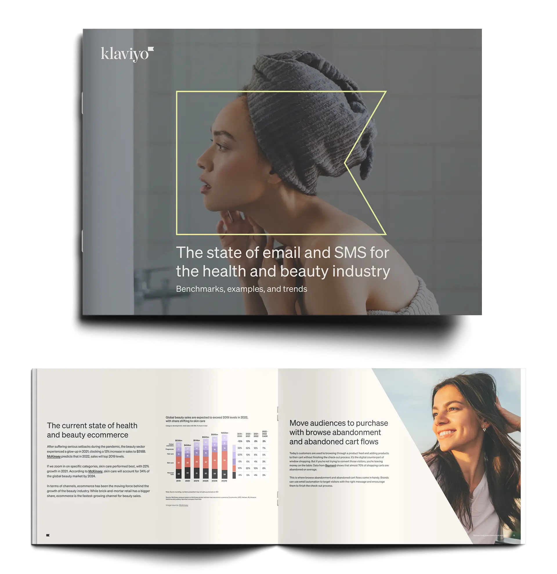 Klaviyo logo outline highlighting a woman with a towel turban looking at the mirror