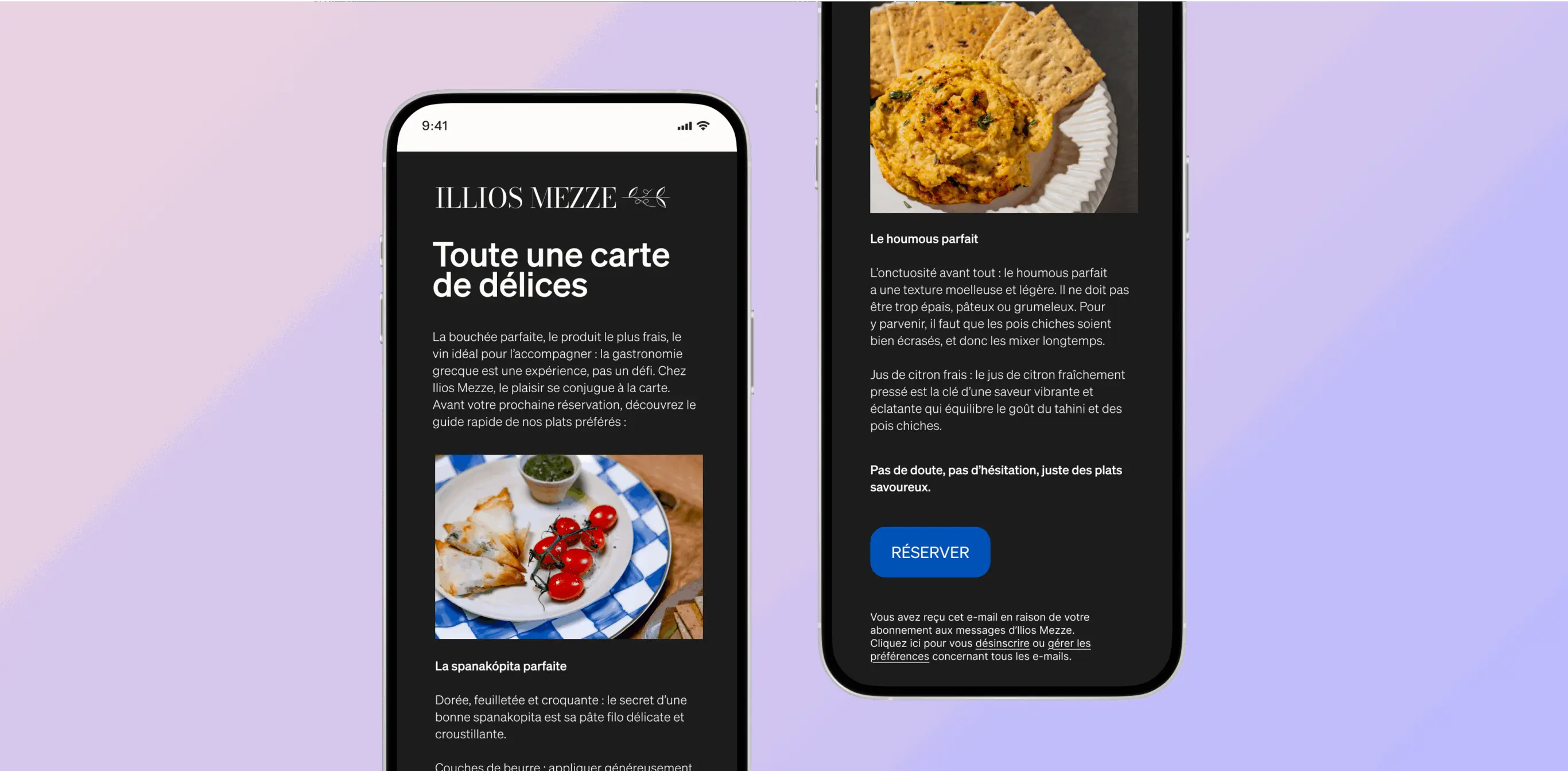 Deux écrans de smartphone affichant un menu de restaurant grec, "Ilios Mezze", avec des plats comme spanakópita et houmous.