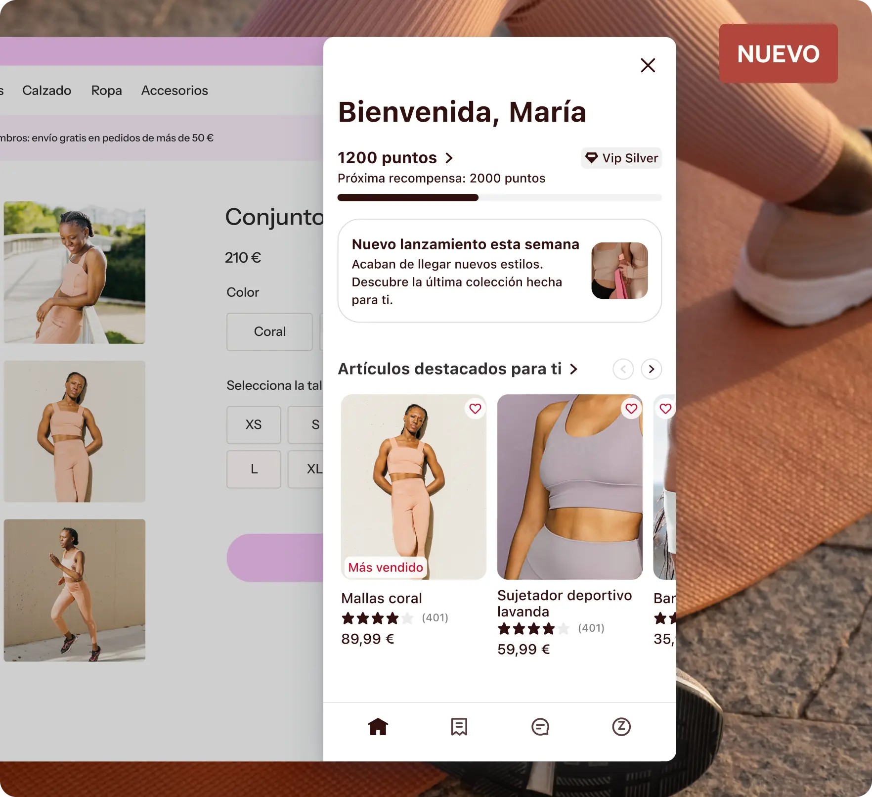 Pantalla de una aplicación de compras de ropa deportiva. Muestra productos destacados, puntos de usuario y un saludo personalizado.